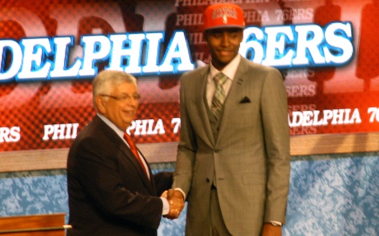 NBA Commissioner David Stern, left, congratulates St. John’s Moe Harkless on stage at the 2012 NBA Draft, held at the Prudential Center in Newark, N.J. (Photo by Jim Mancari)