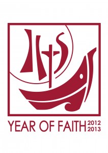 This is the English version of the 2012-2013 Year of Faith logo. The logo features a boat, which is a traditional symbol for the church. Its main mast is the cross and, with the sails, it forms the initials IHS, the "Christogram" standing for Jesus, savior of men. Behind the IHS, the sun evokes a eucharistic host. 