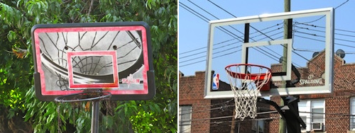 Carlos Mayorga's old hoop, left, and his brand new one, right. (Photos by Jim Mancari)
