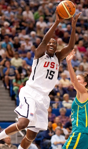 Tina Charles drives for a layup against Australia in a September, 2010, game in Salamanca, Spain. (Photo by Stephen Slade)