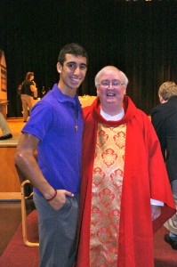 Joey Troina, left, and Father Bill Sweeney, chaplain at St. Francis Prep, pose at Troina’s installation ceremony. (Photo by Kathy Troina)