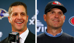 Baltimore Ravens head coach John Harbaugh, left, and his brother, San Francisco 49ers head coach Jim Harbaugh, are pictured in a combination photo in late January. For Jack Harbaugh and his wife, Jackie, the upcoming rematch between their sons at the Feb. 3 Super Bowl in New Orleans means they are bracing for the “thrill of victory” and the “agony of defeat.” (Photo credit CNS)