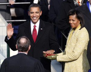 Barack Obama places his hand on a Bible as he takes the oath of office as the 44th president of the U.S. as he is sworn in with his wife, Michelle, by his side during the 2009 inauguration ceremony in Washington, D.C. The Bible was used when Abraham Lincoln was sworn in as president of the U.S. in 1861.