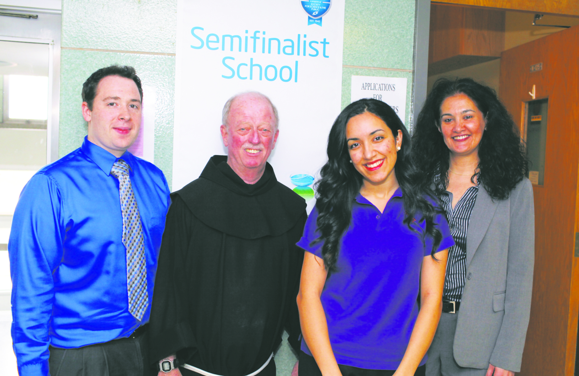 Above, Arora is seen with her mentors. Starting from left, are: James Boylan, science teacher; Brother Leonard Conway, O.S.F. principal; Arora; and Mary Ann Spicijaric, head teacher of the science department and science research.
