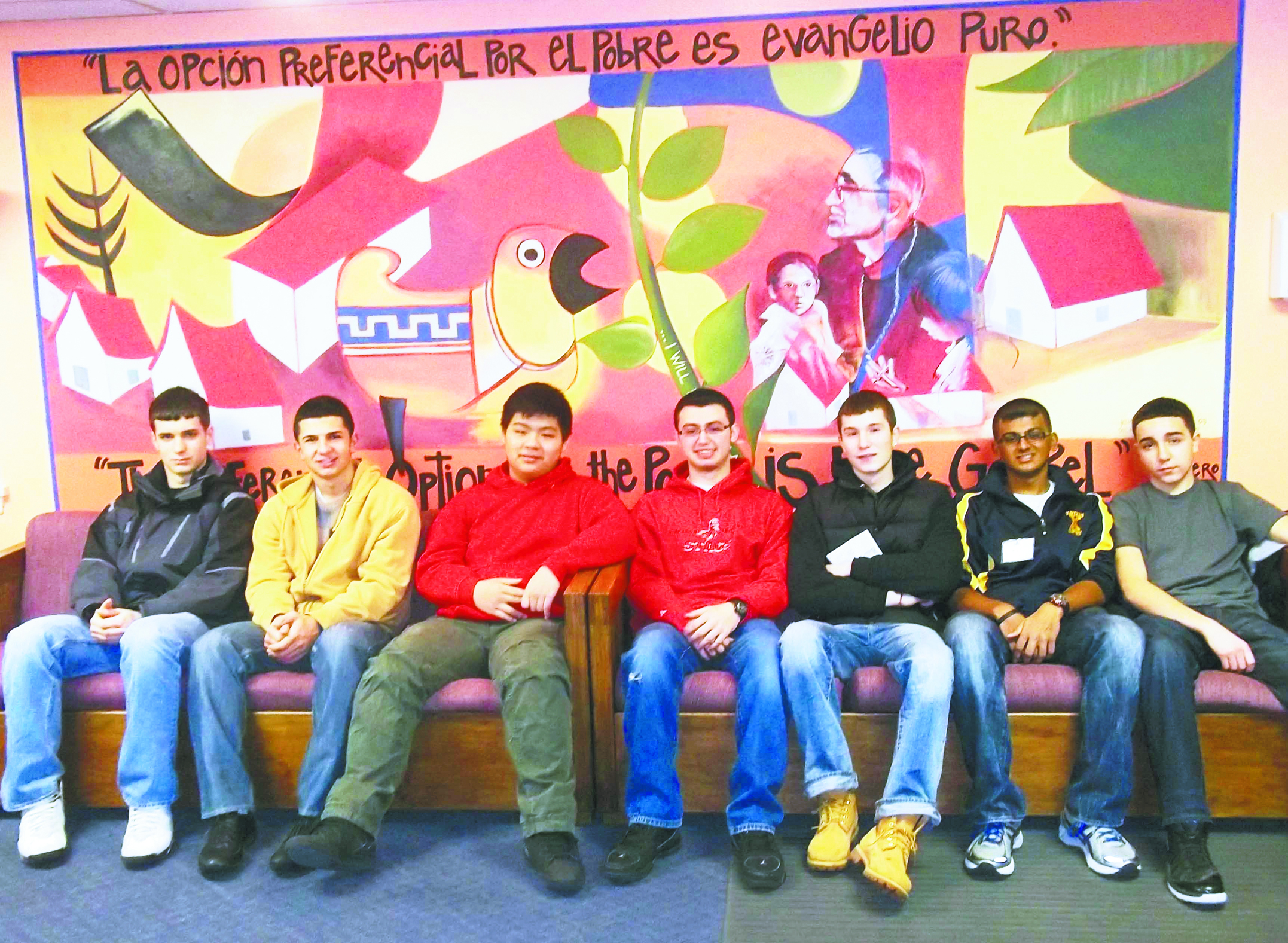 Seven students from Xavarian H.S., Bay Ridge, followed the example of the apostles and left their comfort zone to follow in Jesus’ footsteps by participating in the Urban Challenge in Camden N.J. They are pictured from left to right: Wiktor Rzeszutko, junior; Andrew Schillaci, senior; Justin Chung, junior; Kyle O’Halloran, senior; Jacob Loff, junior; Raj Patel, senior; and Massimo Ferrigno, senior. They were accompanied by John Dormer, director of campus ministry, and Brendan Moloney, religion department curriculum specialist.