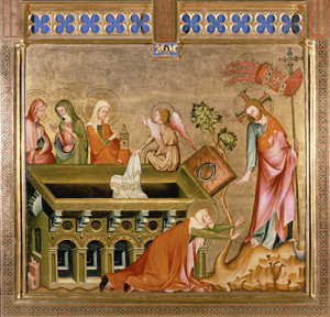 Three women at Christ's empty tomb and His appearance to Mary Magdalene is depicted in a 14th-century painting from Austria. Easter, the feast of the Resurrection, is March 31 in the Latin church this year. (Image © CNS/Erich Lessing, Art Resource, New York)