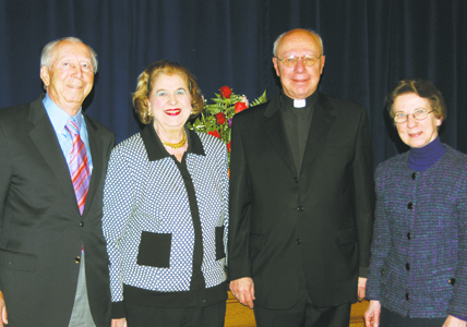 Dr. Reza Khatib and his wife, Georgianna Clifford Khatib ’52, left, joined Sister Elizabeth Hill, C.S.J., president of St. Joseph’s College, right, in welcoming Msgr. John Strynkowski as a guest lecturer on the Clinton Hill campus March 20. Msgr. Strynkowski holds the college’s 2013 Khatib Chair in Comparative Religion, established by the Khatibs five years ago.
