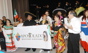 Members of the Mexican Apostolate lead the festivities in the cathedral pavilion.