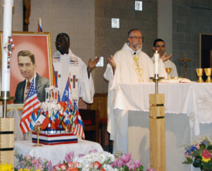 Abbot Oscar Rivera, O.S.B., vice-postulator of the canonization cause for Blessed Carlos Manuel Rodríguez, center, was the main celebrant of the May 4 Mass honoring the beatified Puerto Rican layman at St. Paul the Apostle Church, Corona. Photos © Marie Elena Giossi 
