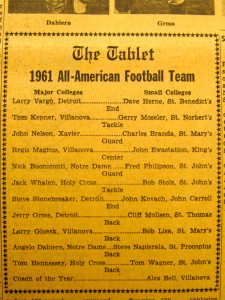 Page 27 of the Dec. 9, 1961 issue of The Tablet shows Holy Cross offensive tackle John Whalen had been selected to The Tablet’s 1961 All-Catholic Football Team. (Courtesy The Tablet Archives)