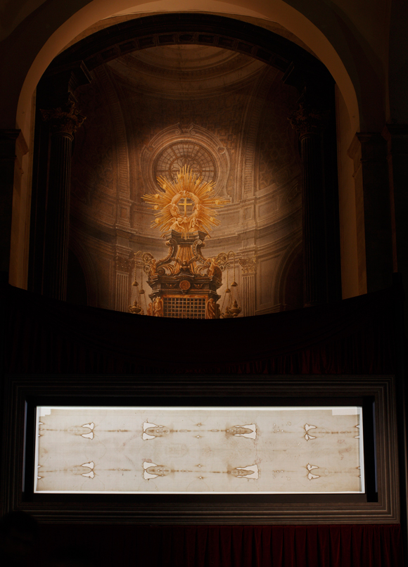 The Shroud of Turin is seen on display in the Cathedral of St. John the Baptist in Turin, Italy, in this April 26, 2010, file photo.