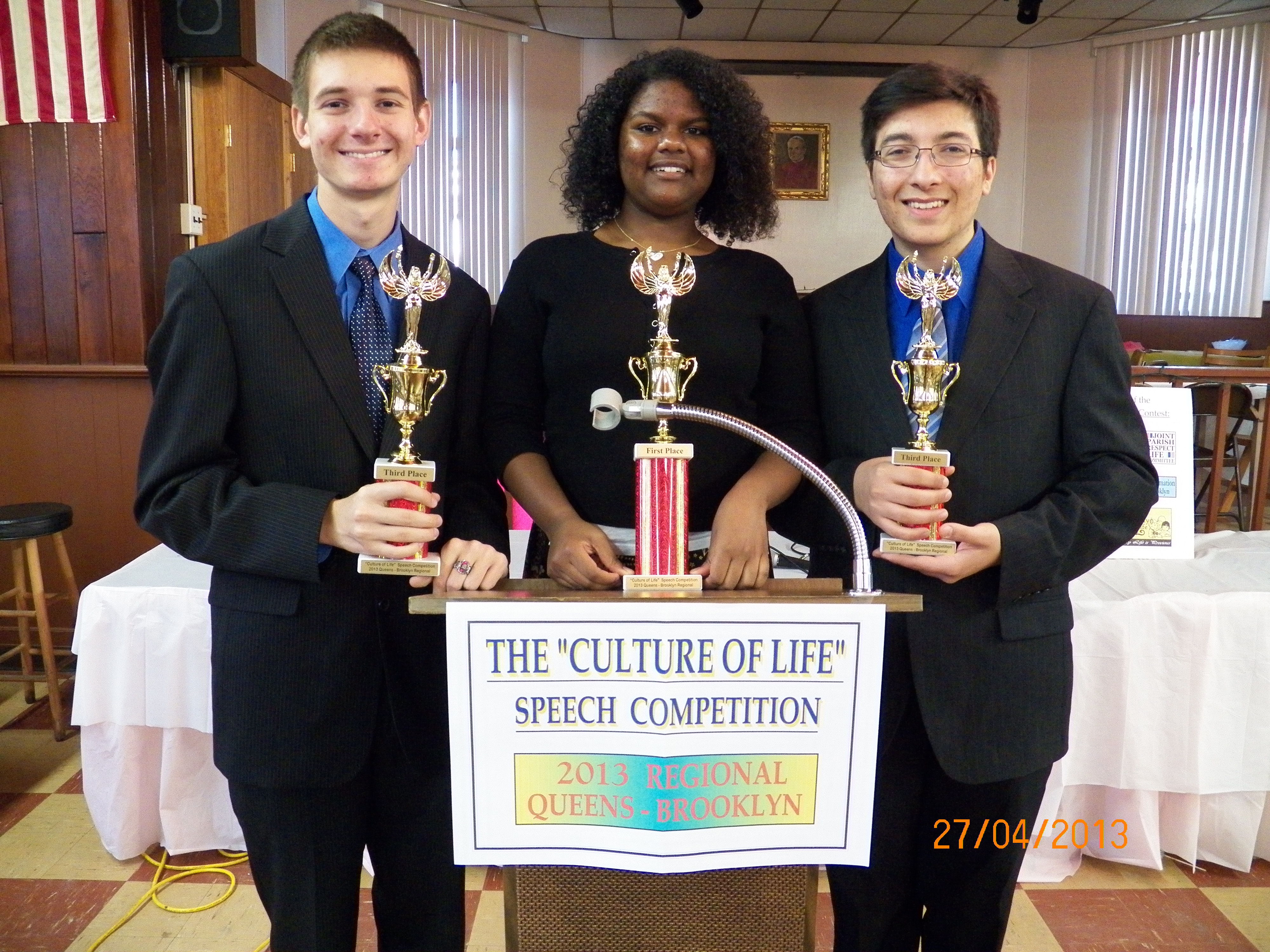 Christ the King R.H.S. placed three winners in the diocese’s Culture of Life Oratorical Contest. From left are: Michael Jans, Mya Pugh and Stelios Phanartzis. Photo (c) Catherine Murawski