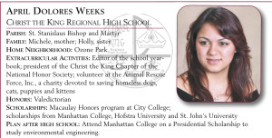 April Dolores Weeks, Christ the King Regional High School