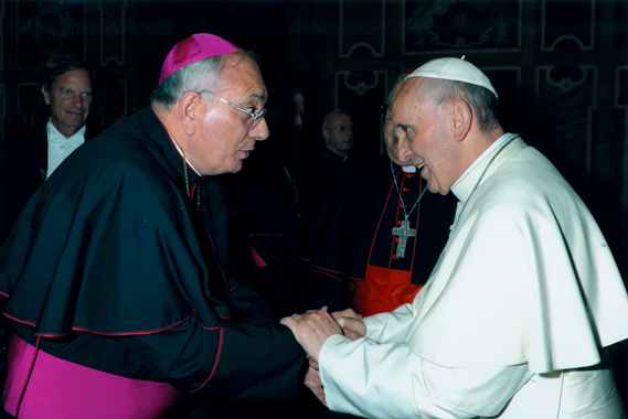 Pope Francis greets Bishop DiMarzio in Rome during the Plenary Meeting of the Pontifical Council for the Pastoral Care of Migrants and Itinerant People.