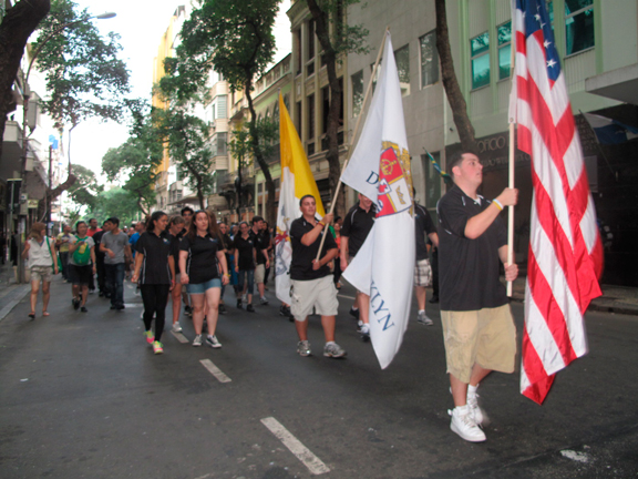 Pilgrims from the Diocese of Brooklyn process through the streets of Rio de Janeiro on July 22 on their way to Mass with Bishop DiMarzio on the first day of their stay in Rio de Janeiro, where they are attending World Youth Day.