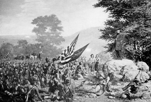 An illustration depicts Holy Cross Father William Corby, a chaplain with a Boston regiment, giving general absolution to the Irish Brigade on the second day of the Battle of Gettysburg, Pa. During the battle, the Irish Brigade helped defend an area known as the Wheatfield against an attack by Confederate Gen. James Longstreet’s troops. 
