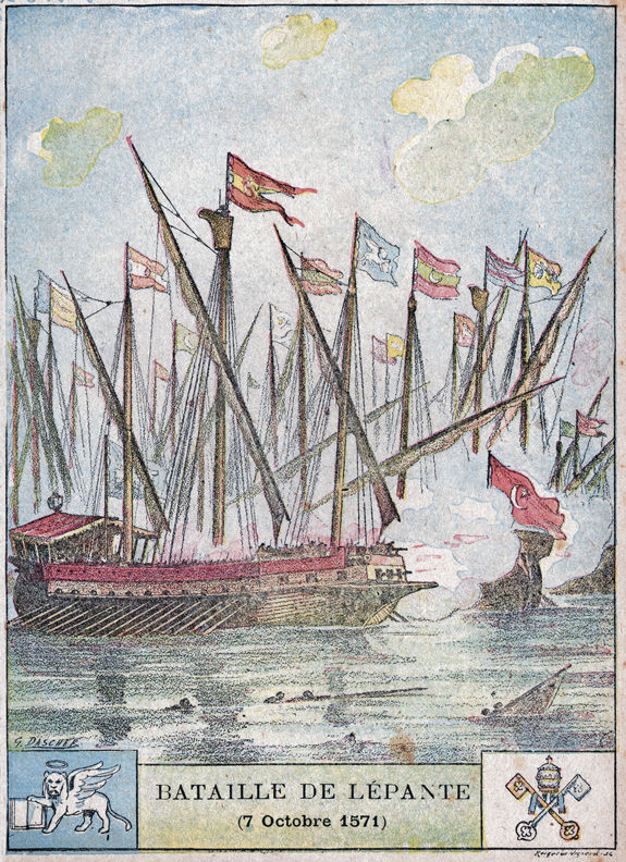 The 1571 Battle of Lepanto between the fleet of the Holy League – a coalition that included the Papal States – and the Ottoman Empire is depicted in an early 20th-century illustration. Historians believe the pontifical navy was established in the 10th century by Pope John VIII. Two symbols appear at the bottom of the illustration. The left one is associated with St. Mark the Evangelist and the right, the Vatican coat of arms. 