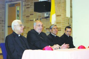 Bishop DiMarzio, second from left, announces the appointment of Auxiliary Bishops Guy Sansaricq, Octavio Cisneros and Frank Caggiano on June 6, 2006.