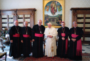 Bishop Frank Caggiano was part of the Brooklyn episcopal delegation that visited with Pope Benedict XVI during its ad limina visit in 2011. From left are the late Auxiliary Bishop Joseph M. Sullivan, retired Auxiliary Bishop Guy Sansaricq, Bishop Nicholas DiMarzio, Pope Benedict, Bishop Frank Caggiano and Auxiliary Bishop Octavio Cisneros.