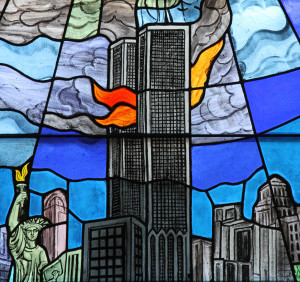 Twin towers of New York's World Trade Center depicted in a stained-glass window at New York church
