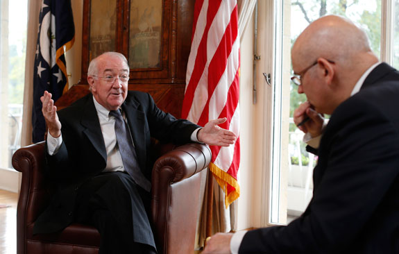 Ken Hackett, new U.S. ambassador to the Holy See, is pictured during an interview with Francis X. Rocca of Catholic News Service at the U.S. Embassy to the Holy See in Rome Oct. 24.