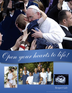 An image of Pope Francis embracing a boy who has cerebral palsy is featured in the poster promoting the U.S. bishops’ 2013 Respect Life campaign. Respect Life Sunday is observed Oct. 6 this year. The U.S. bishops are calling upon all Americans to open their hearts to the love and mercy of Jesus and to allow people to see more deeply the “intricate and unique beauty of each person.” The message also reminds about the contemporary evils of abortion and euthanasia.