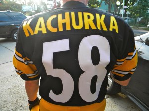 Father Kachurka's personalized No. 58 jersey in honor of his favorite player, Jack Lambert. (Photo by Jim Mancari)