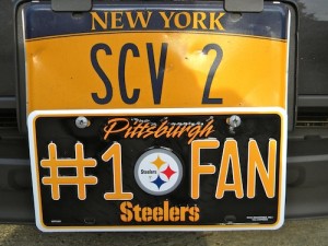 Father Kachurka's No. 1 Steelers' fan license plate (Photo by Jim Mancari)