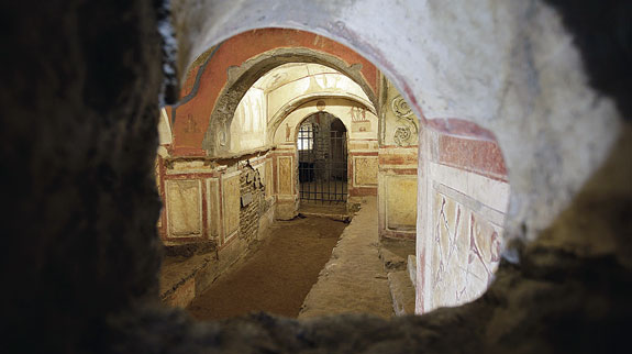 A view shows the catacomb of Priscilla in Rome. The catacomb, used for Christian burials from the late second century through the fourth century, reopened to the public after years of restoration. Users of Google Maps now can see virtually through the underground corridors of the catacombs. Photos © Catholic News Service