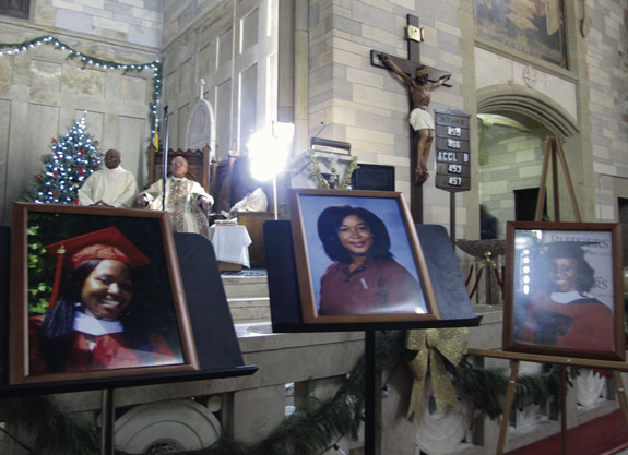 Above are portraits, from left, of Jaima Alexandra Jumelle, Jasmine Michelle Guillaume and Kareen Antohnine Jumelle in the sanctuary of Holy Innocents Church.