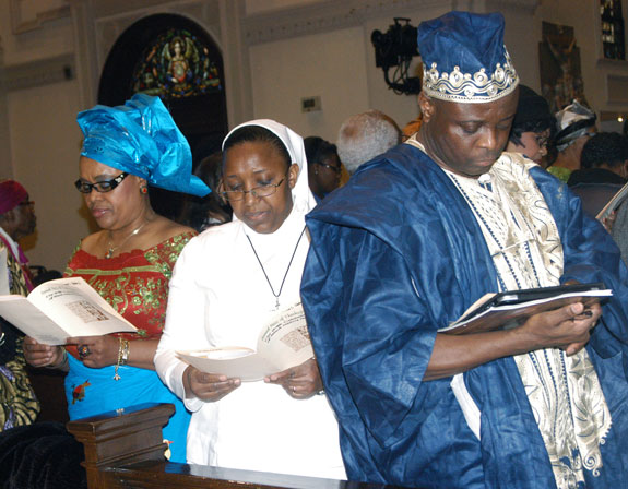 Nigerian-born Gladys Onyechere, above, far left, was among hundreds of black Catholics who attended a Feb. 9 Mass of Thanksgiving at St. James Cathedral-Basilica, Downtown Brooklyn, in honor of Black History Month.