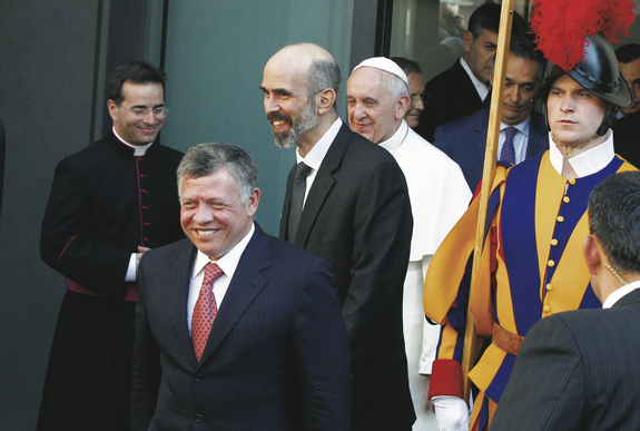 Jordan’s King Abdullah II and Prince Ghazi bin Muhammad bin Talal, the king’s adviser for religious and cultural affairs, leave after a private audience with Pope Francis at the Domus Sanctae Marthae guesthouse April 7. The meeting took place less than seven weeks before the king is scheduled to welcome the pope in Amman on the first stop of his Holy Land visit.