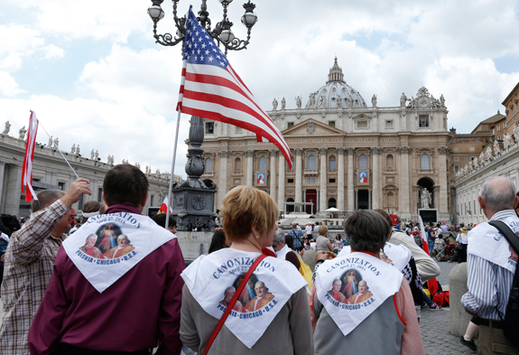 Pilgrims from Polish parishes in the Chicago area gather in St. Peter’s Square at the Vatican April 26 in advance of the canonization of SS. John XXIII and John Paul II. 