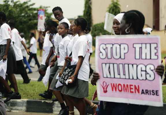Students join a May 12 protest in Lagos, Nigeria, demanding the release of abducted secondary schoolgirls in the remote village of Chibok in April. 