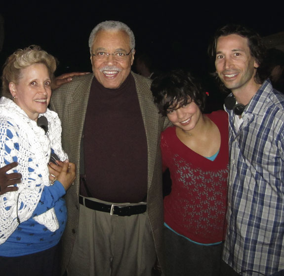 Kathy DiFiore, far left, on whom the movie “Gimme Shelter” is based, poses with stars of the movie James Earl Jones, Vanessa Hudgens and director-writer Ronald Krauss. The movie tells the powerful story of a teenager faced with desperate choices when she finds herself pregnant and homeless in New Jersey and how meeting people who cared changes her.