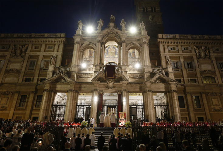 The Eucharist rests on a truck as a procession arrives at the Basilica of St. Mary Major during the celebration of the feast of Corpus Christi in Rome June 19. Pope Francis did not participate in the procession as popes have in the past but did lead benediction on the steps of the Basilica of St. Mary Major.