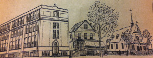 A sketch shows the parish complex after the new school was erected and the original church building was moved and expanded.