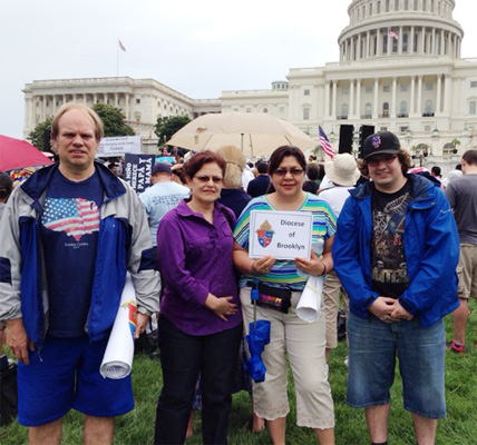 Representing Brooklyn at the March for Marriage were, from left, Thomas Murawski, of St. Pancras, Glendale; Nelsa Elias, Pastoral Institute; Ana Puente, Family Life/Respect Life Office; and Thomas Murawski Jr.