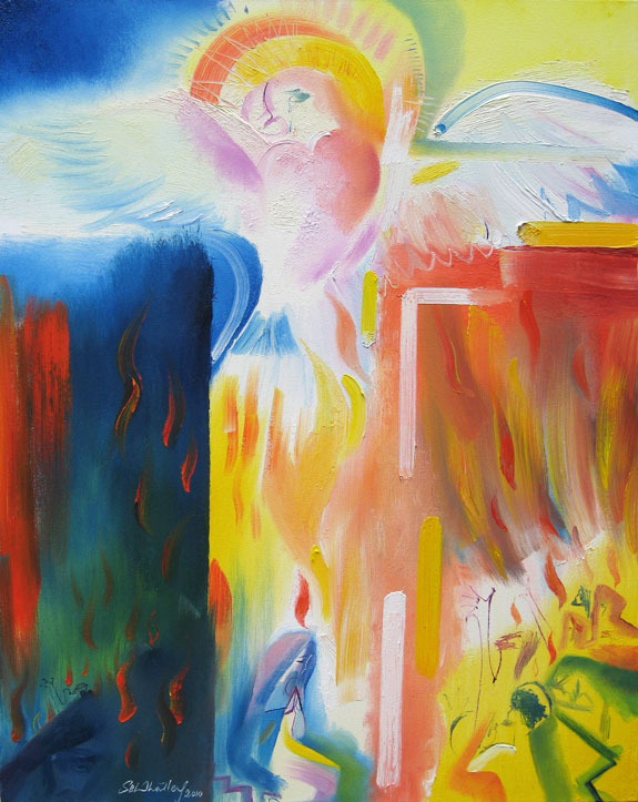 Peace of The Holy Spirit: Pentecost is depicted in a painting by Stephen B. Whatley, an expressionist artist based in London. 