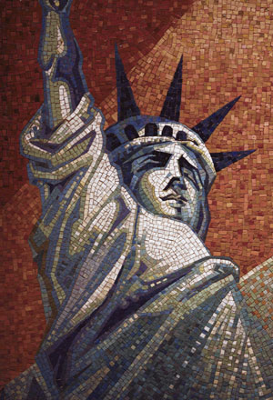 A depiction of the Statue of Liberty appears in a mosaic, part of a larger piece in a side chapel at the Basilica of the National Shrine of the Immaculate Conception in Washington, D.C. 