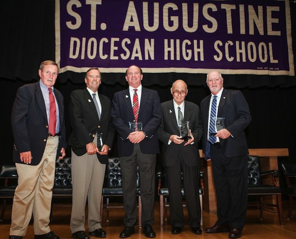 The St. Augustine Hall of Fame class, from left, Gerard Gannon, ‘56; John Cashin, ‘64; George Geary, ‘64; George Sartiano, ‘52; and Jeff O’Brien, ‘70.