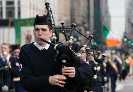 A bagpiper marches with the Pipes and Drums band of Xaverian H.S., Bay Ridge, during the 254th annual St. Patrick’s Day Parade in Manhattan.