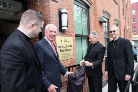 At the dedication of the John J. Farrell  Residence in Williamsburg were, from left, Father Patrick Keating, associate vicar for human services; Mr. Farrell; Msgr. Alfred LoPinto, executive director of Catholic Charities; and Auxiliary Bishop Paul Sanchez.