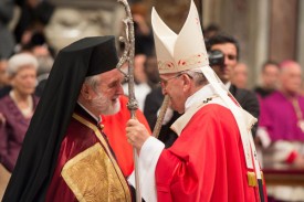 Pope Francis greets Orthodox Metropolitan John of Pergamon after celebrating Mass marking the feast of Sts. Peter and Paul in St. Peter’s Basilica at the Vatican June 29. (Photo © L’Osservatore Romano)