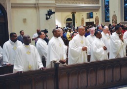 Priests who serve the Haitian people of Brooklyn and Queens were among the 26 priests who joined Bishop DiMarzio at a special Mass of prayer for Haitians living in the Dominican Republic. (Photo by Ed Wilkinson)