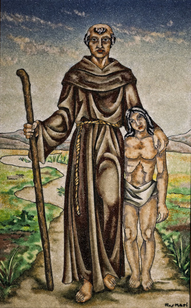 Blessed Junipero Serra is depicted with a California Indian in a painting in early May at Mission San Fernando Rey de España in Mission Hills, Calif. 