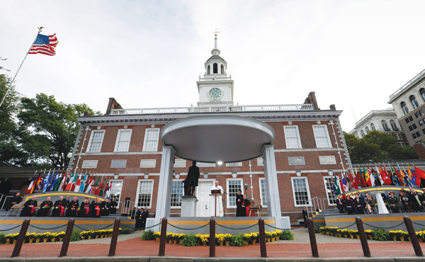 Pope Francis delivers an address from Independence Hall in Philadelphia Sept. 26. 