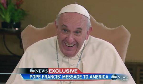 Pope Francis smiles during a town hall arranged by ABC News, which was to air it during its “20/20” newsmagazine in a segment called “Pope Francis & the People” airing 10-11 p.m. EDT Sept. 4.
