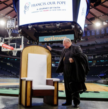 Cardinal Timothy M. Dolan of New York speaks Sept. 2 about a chair Pope Francis will use when he celebrates Mass in Madison Square Garden. The Mass is set for Sept. 25. 