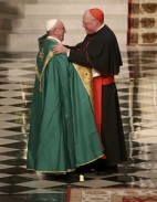 Pope Francis embraces Cardinal Timothy Dolan during vespers at St. Patrick's Cathedral in New York